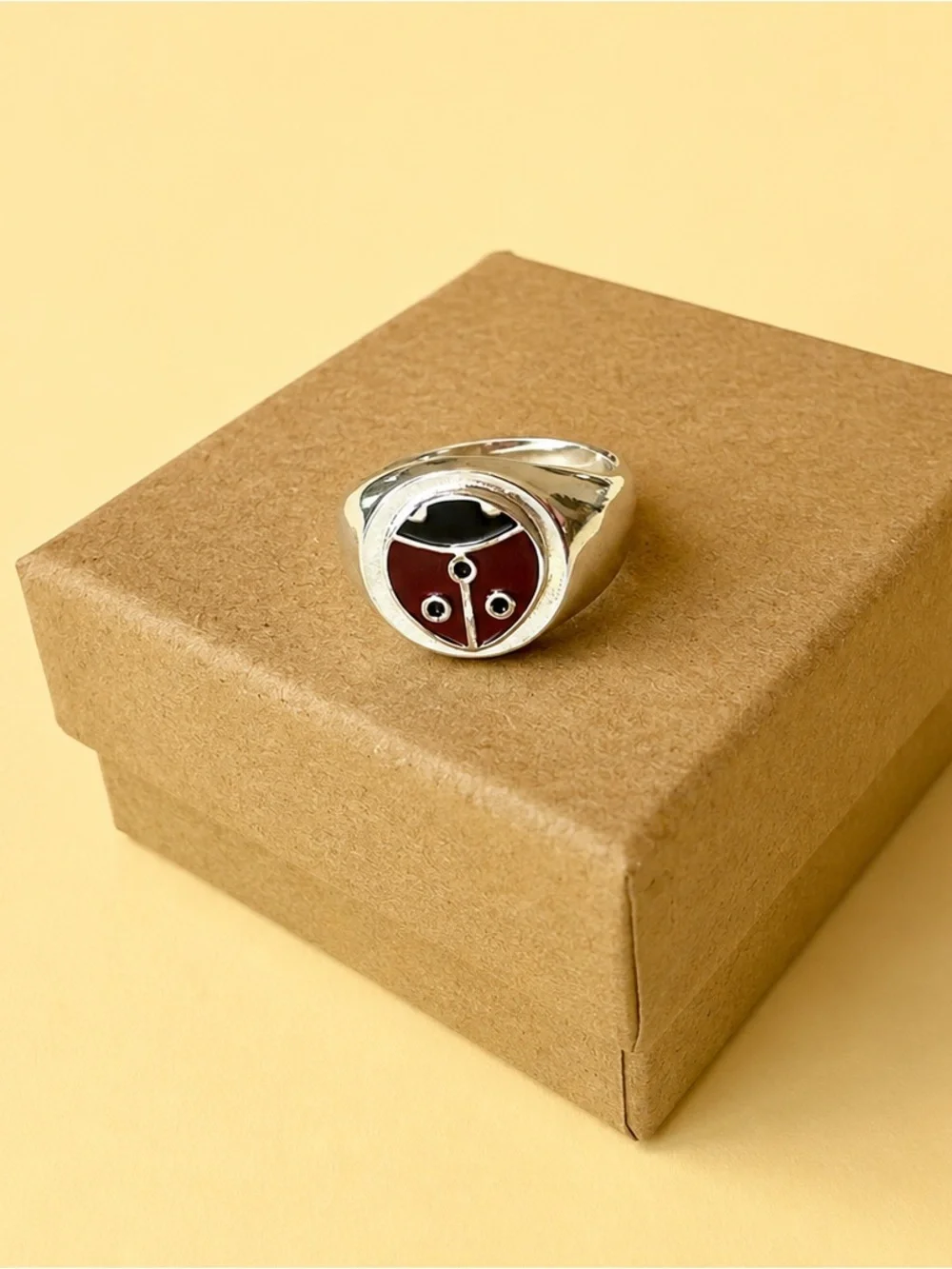 Whimsical Woodland Ladybug Signet Ring- Silver plated. Size 6.